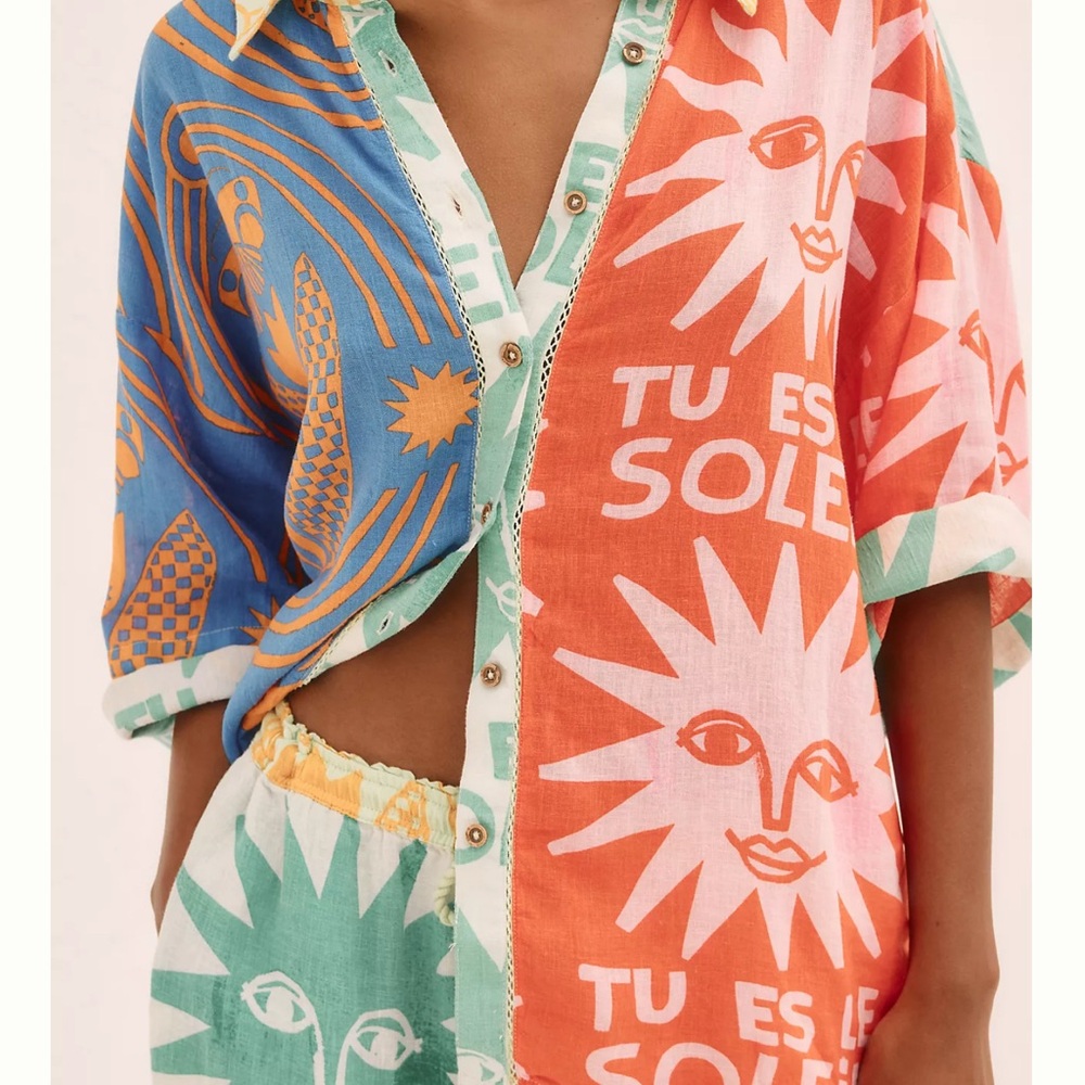 Anthropologie Colorful Sun Motif Button Down Shirt